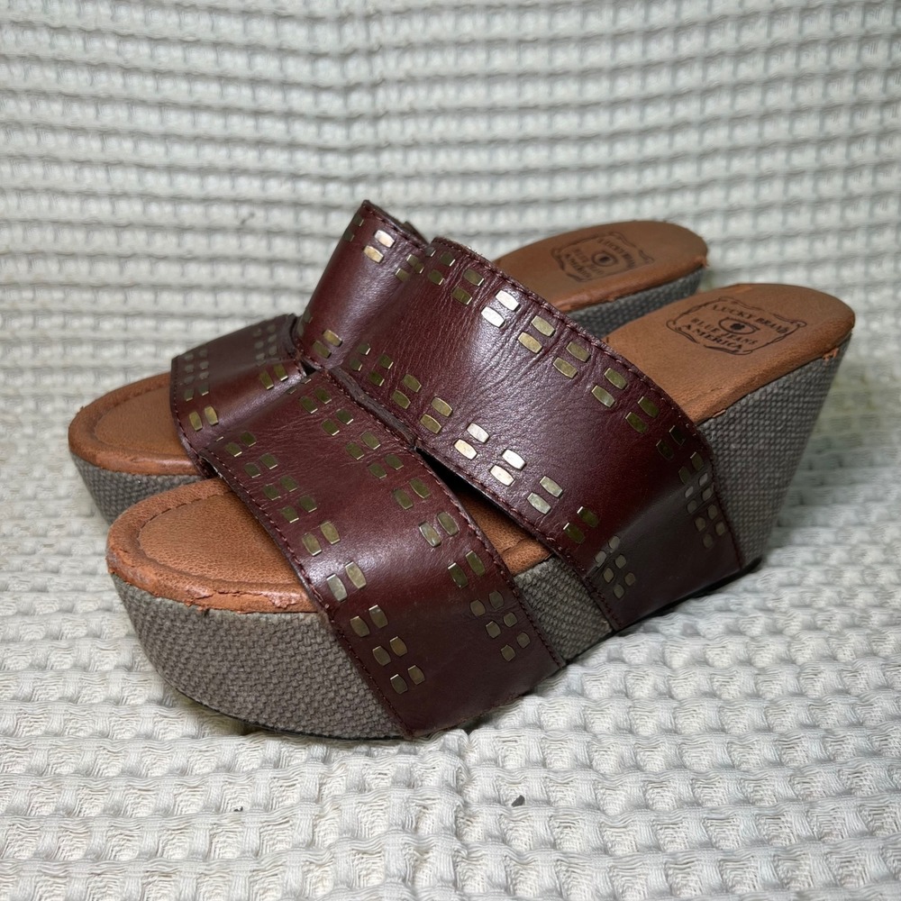 Lucky Brand Y2K Chunky Women's Brown Leather Wedge Sandals Studded Straps Size 8